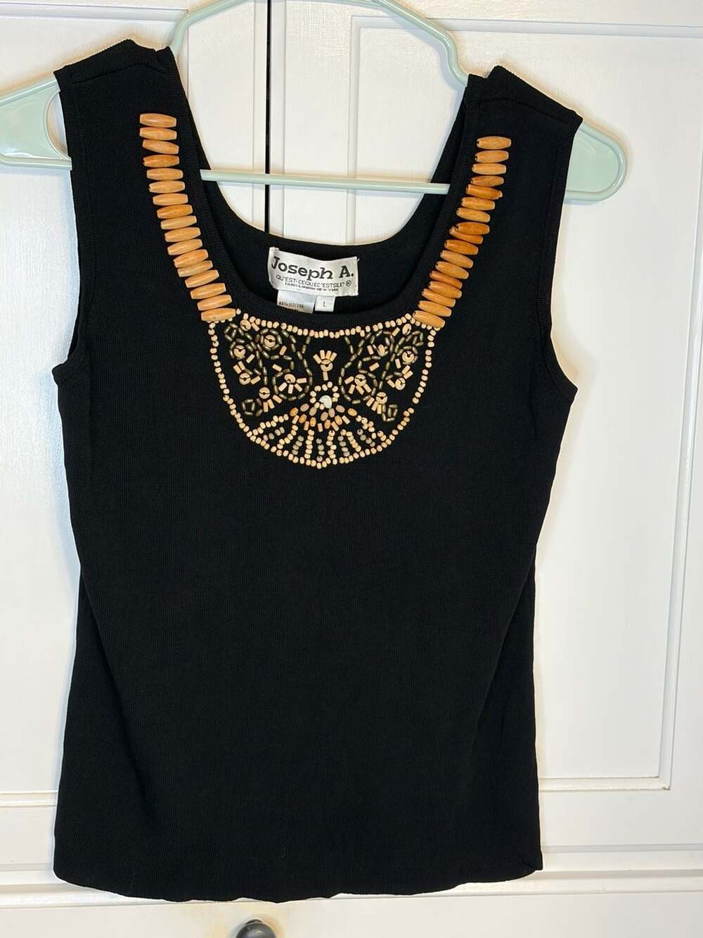 Joseph A Black Beaded Wood Embellished Tank Top L Boho Y2K Statement Neckline
